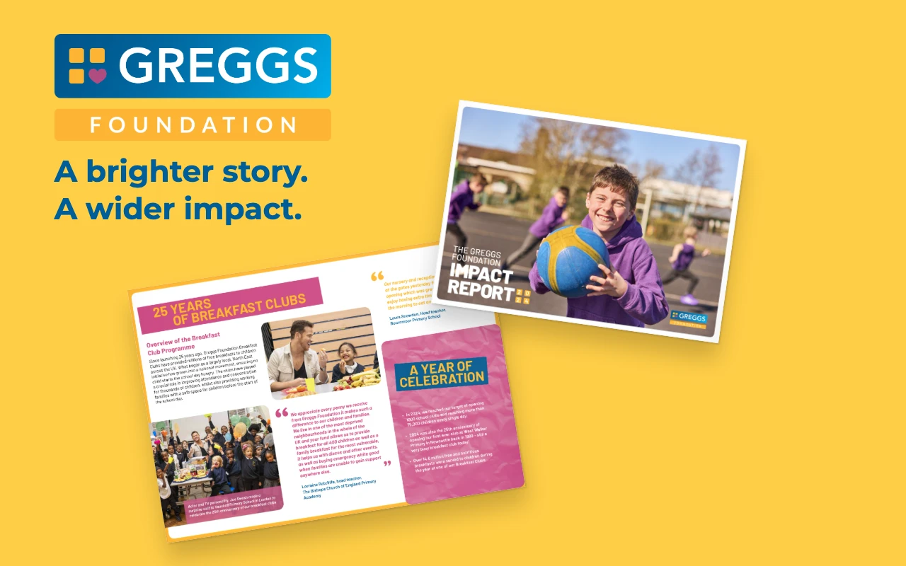 Greggs Foundation report cover and editorial spread in a print presentation
