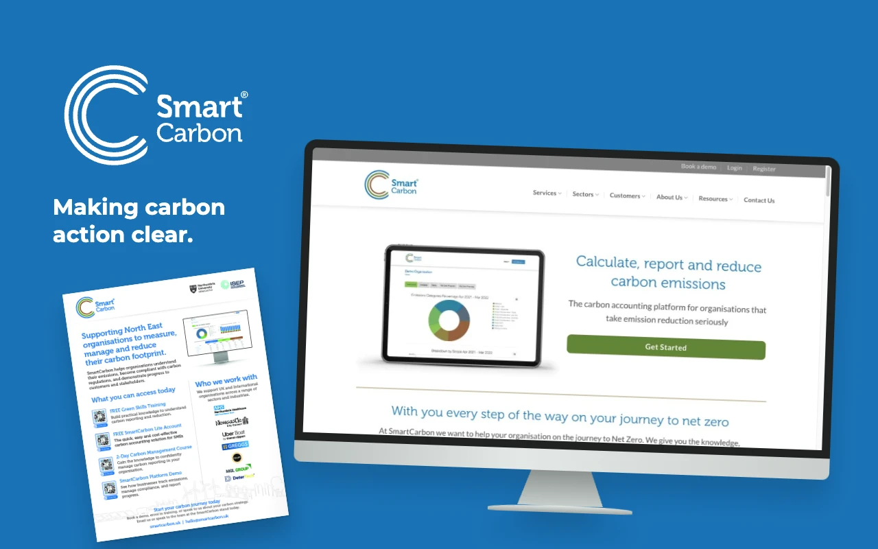 SmartCarbon identity, website in desktop screen and printed communications