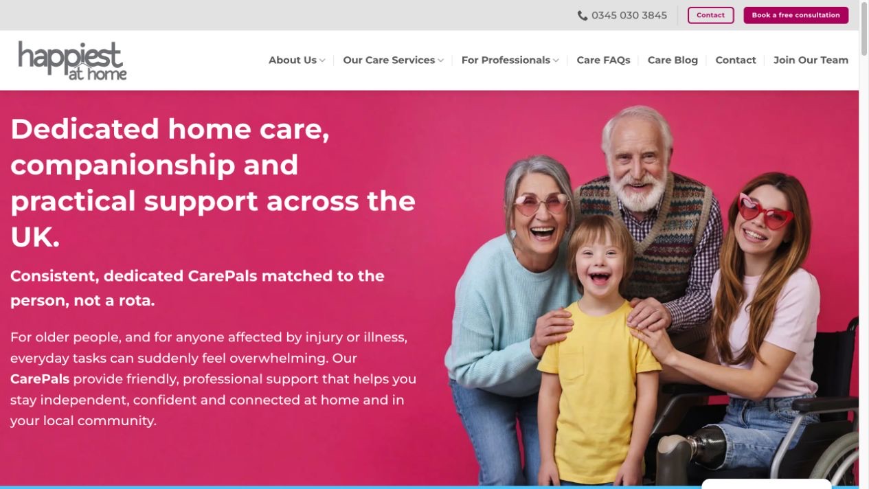 Happiest at Home website and CarePal matching journey